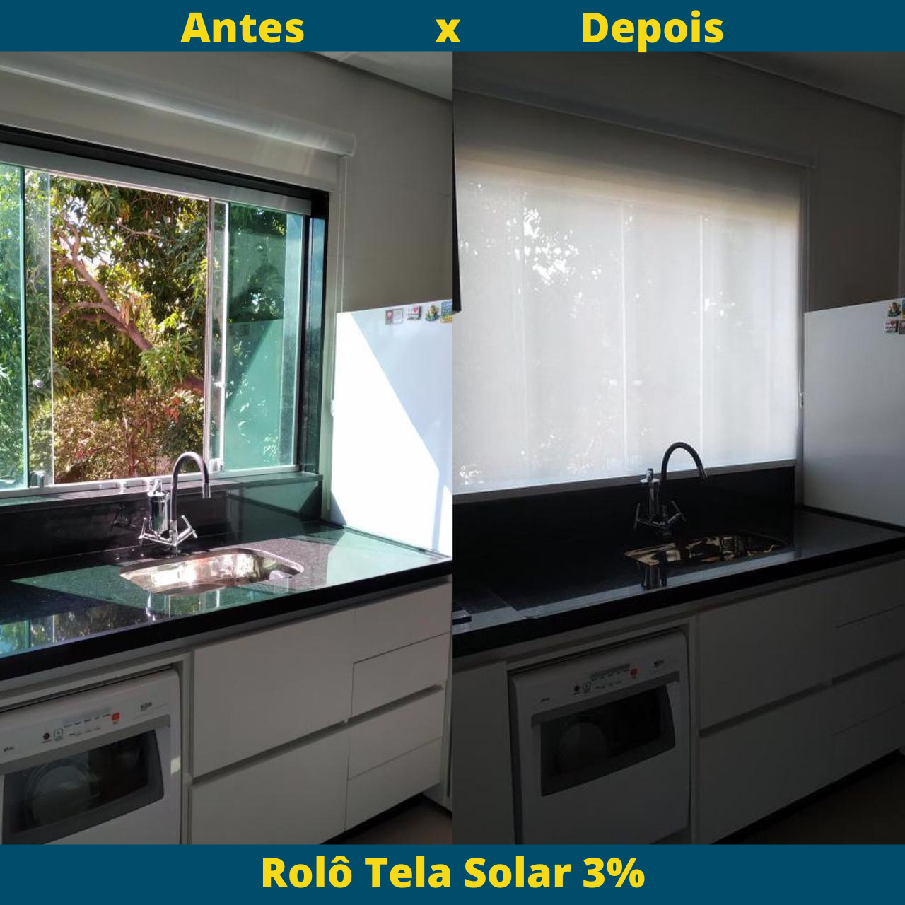 comparação de ambiente antes (sem persiana) e depois (com persiana)